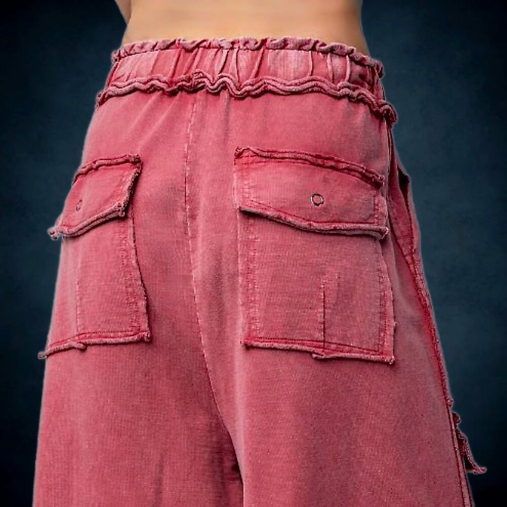 📌 EASEL “Feeling Good Cargos” Mineral Wash Flared Leg Raw Seams & Hems, Pockets - Picture 7 of 16